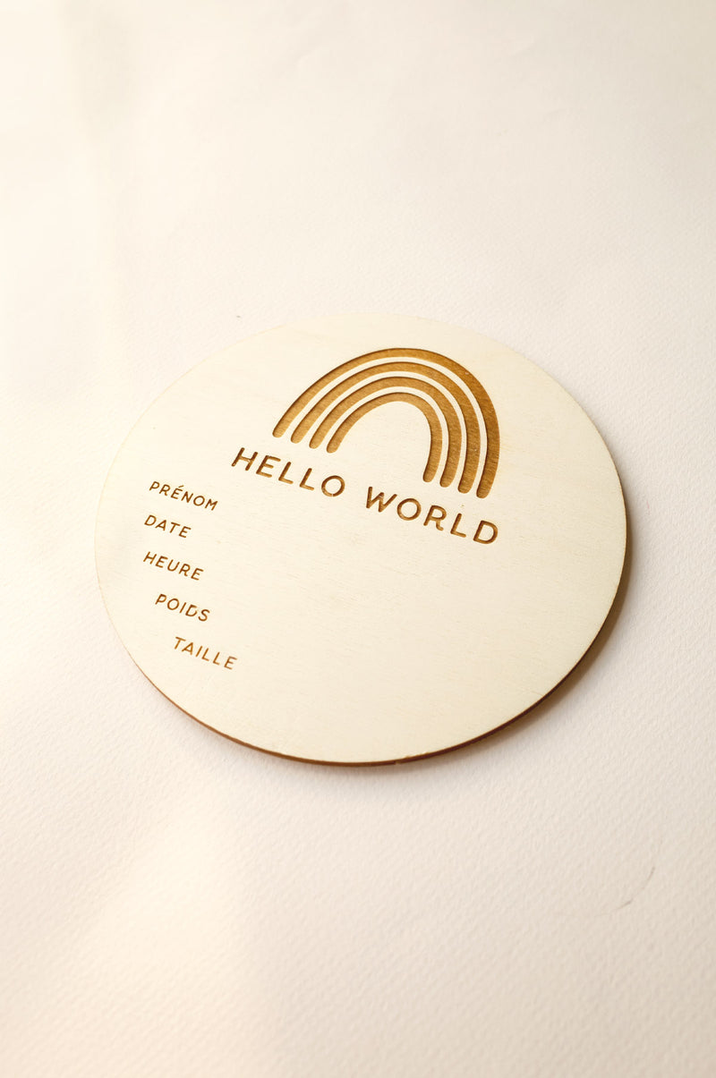 Carte de naissance avec inscription « Hello World » en bois pour  photographie de bébé M5w2